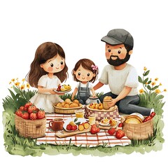Happy Family Enjoying a Spring Picnic in Watercolor Style.