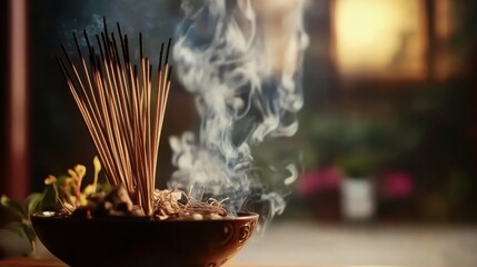 Lighting incense sticks in a bowl, A cherished tradition of Chinese New Year: honoring ancestors.