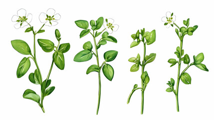 Obraz premium White flower and green leaf plant sprigs, botanical illustration, isolated on white background, for gardening or botany websites