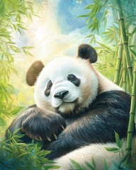 Fototapeta premium World Wildlife Day banner concept with wild animals. Panda resting among bamboo in a serene, natural setting