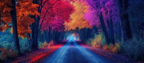 Naklejka premium Vibrant autumn forest road featuring trees in shades of red, orange, and purple, creating a stunning contrast against a dark blue backdrop.