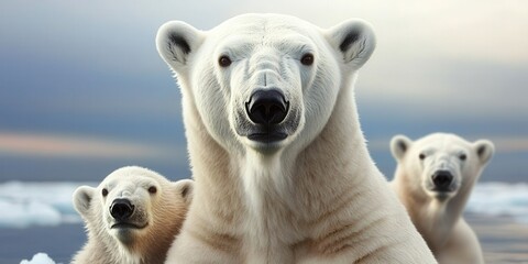 Fototapeta premium World Wildlife Day banner concept with wild animals. Three polar bears on an icy landscape under a cloudy sky