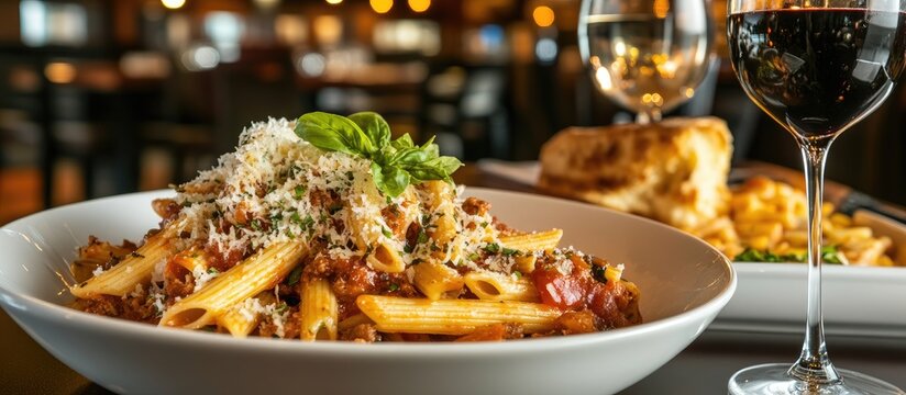 Vibrant penne aromatica dish garnished with herbs in a white bowl, accompanied by wine glasses and warm ambient lighting in background.