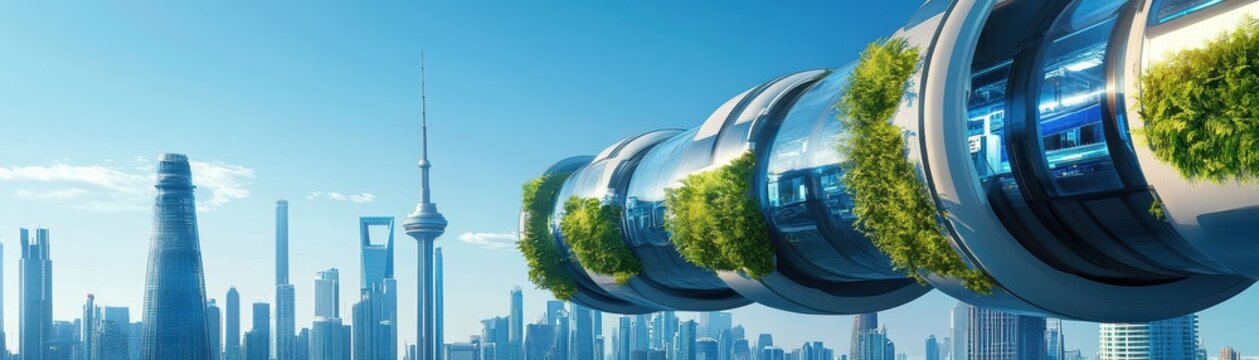A dynamic cityscape showcasing futuristic hyperloop terminals connecting vibrant urban centers and innovative architecture.