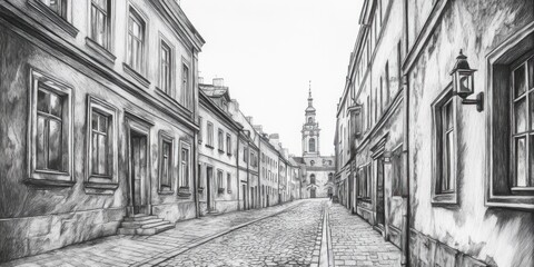 Fototapeta premium Old European Street Scene With Church Tower