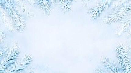 Obraz premium Winter holiday background frosted pine branches frame pale blue backdrop; ideal for greeting cards or seasonal designs