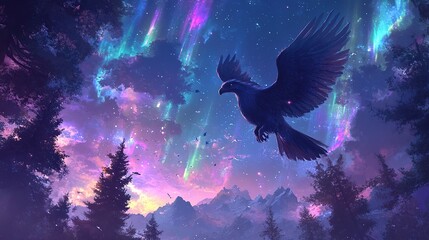 Majestic bird soaring through a vibrant, cosmic night sky above a snow-capped mountain range and forest.