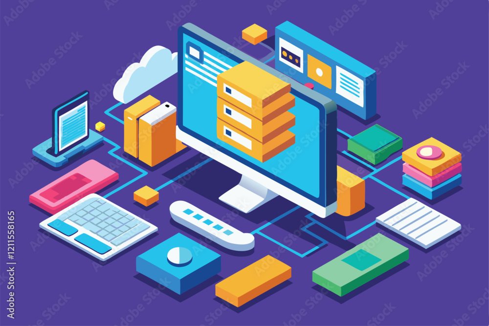 Poster a detailed isometric view showcases various files being uploaded to a computing system with storage 