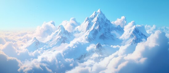 Fototapeta premium Majestic snowy mountain range peaks rise above soft billowing clouds under a clear blue sky, creating a tranquil winter landscape.