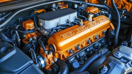 Fototapeta premium Close-up of a vibrant orange car engine interior