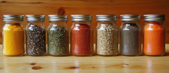 Selection of colorful spices in glass jars arranged neatly on a wooden surface showcasing vibrant hues of yellow, green, red, and brown in a row.