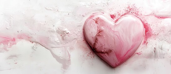 Fototapeta premium Soft pink heart positioned centrally on a pristine white background with subtle red streaks, symbolizing love in a minimalistic design.