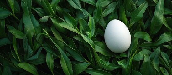 Single white egg placed prominently on vibrant green grass symbolizing new life and fertility, serene atmosphere showcasing nature's beauty.