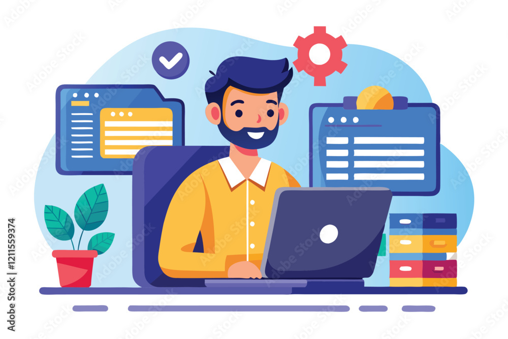 Aufkleber a smiling it specialist focuses on programming while working on a laptop, with digital elements and 