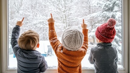 Three children in winter clothes look out a window at a snowy landscape, pointing excitedly at the scene.
