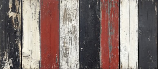 Textured painted wood panel featuring vertical stripes in black, anthracite gray, bright red, and white; showcasing a rustic design with vivid contrasts.
