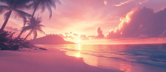 Tranquil beach sunset scene with soft pink, orange, and purple hues, palm trees on the left, calm waves reflecting serene light on the right.