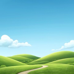 Obraz premium A beautiful hiking trail winds through lush green hills under a vibrant blue sky, offering a serene escape into nature and a perfect outdoor adventure.