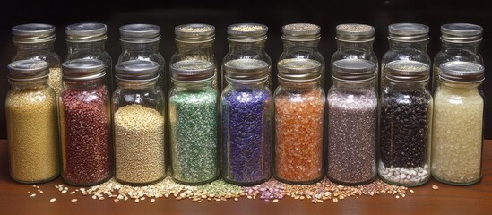 Colorful assortment of filled glass jars containing grains and spices arranged in two rows on a wooden surface with a dark background.
