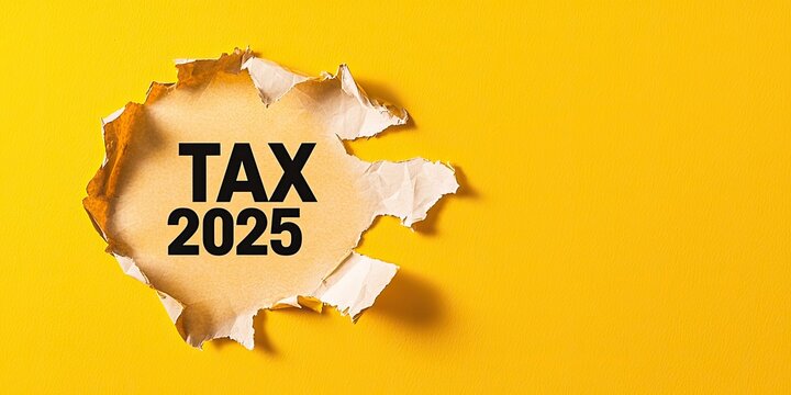 A torn paper effect reveals the bold text "TAX 2025" on a vibrant yellow background, conveying urgency and focus on upcoming tax obligations.