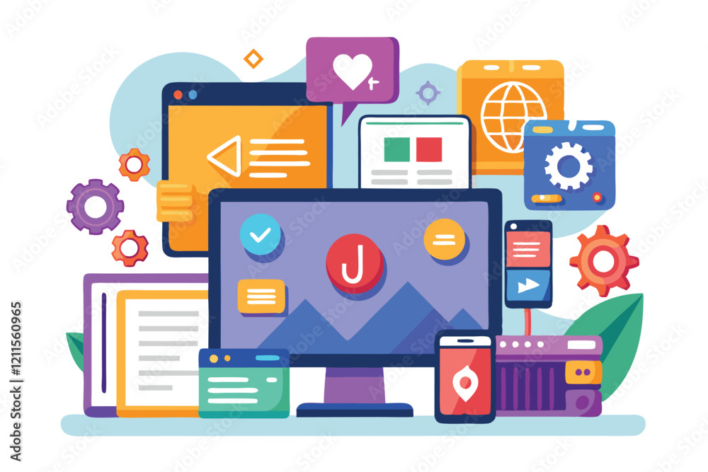 Poster custom flat illustration of javascript frameworks on diverse screens, framed by design elements, jav