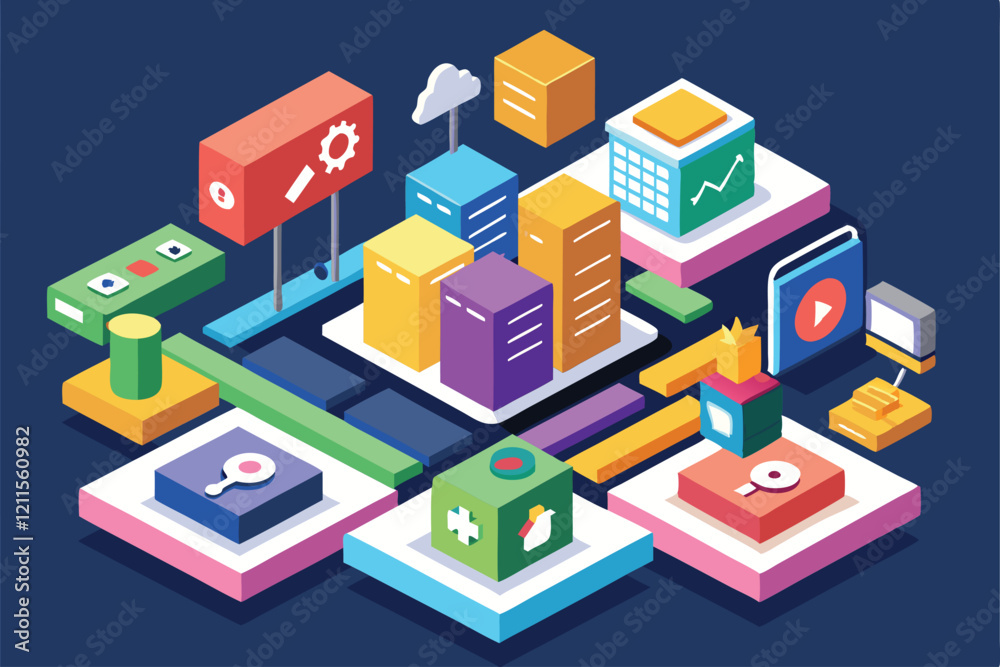 Poster colorful isometric design showcases customizable javascript frameworks with various tech-related ico