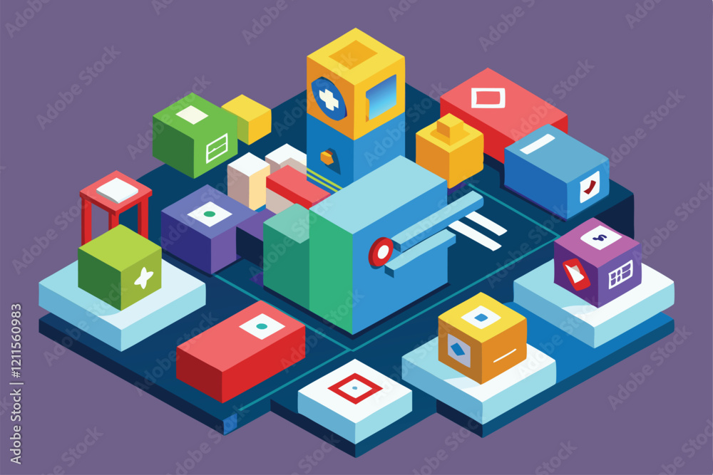Poster this graphic displays colorful isometric blocks representing customizable javascript frameworks, jav