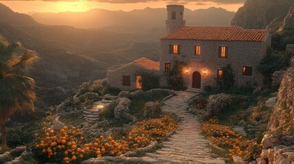 Naklejka premium Sunset over Hilltop Villa in the Mediterranean