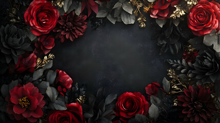 Dark Red and Black Flowers with Gold Accents: Elegant Floral Frame