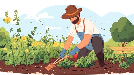 A Farmer Tending His Vibrant Vegetable Garden
