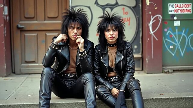 A punk couple exudes rebellious love in 1970s America, sporting dark leather jackets and spikes, sharing a cigarette against a gritty backdrop of graffiti and torn posters.