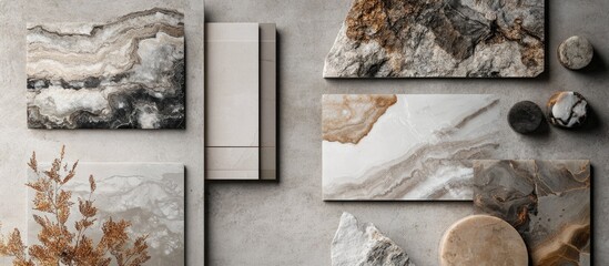 Elegant arrangement of abstract slab stone designs in grey with earthy tones positioned on a smooth background showcasing texture and sophistication