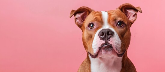 American Bully dog portrait with a brown and white coat against a pink background featuring the dog's expressive face and ample copy space.