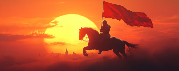 Knight on horseback with red flag against sunset backdrop, symbolizing bravery and leadership. scene captures dramatic moment of valor and strength