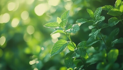 Lush green mint plant leaves in sunlight.