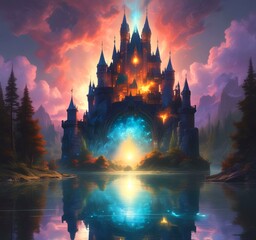 Fototapeta premium Illustration of glowing mystery tower castle in night.