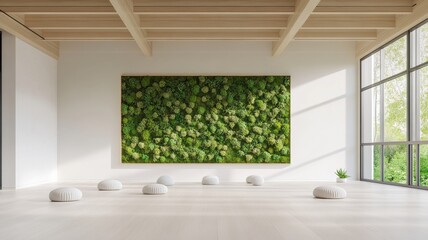 Serene yoga studio adorned with calming moss, creating a tranquil atmosphere for mindful practice.