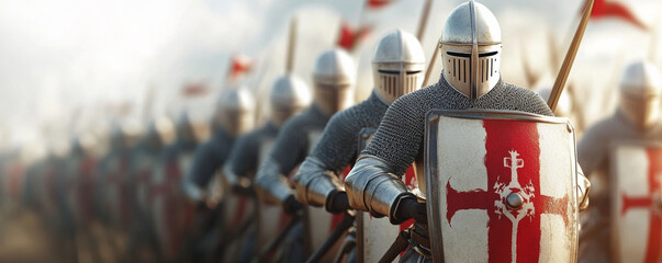 Group of knights in armor advancing in formation, ready for battle, showcasing bravery and unity