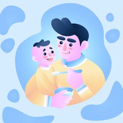 A vector image of a father holding his child in his arms and feeding him porridge with a spoon.