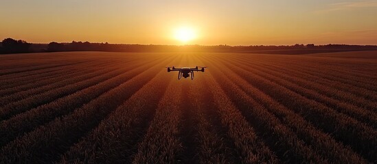 Fototapeta premium Aerial view of golden cereal fields at sunset with a drone flying overhead creating long shadows across the rows of crops.