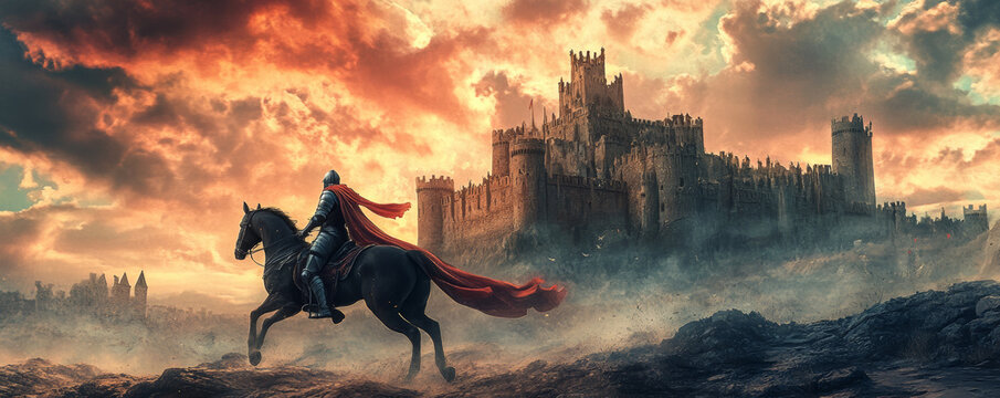 knight in armor rides black horse away from medieval castle under dramatic sky. scene evokes sense of adventure and history