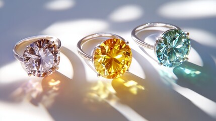 Three elegant rings with large, colorful gemstones, displayed on a white surface with dramatic lighting.