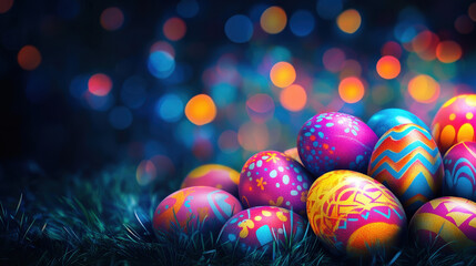Brightly Decorated Easter Eggs on Grass

