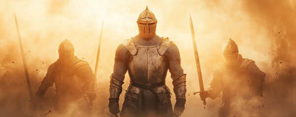 Knights standing victorious on battlefield, surrounded by dust and smoke, exuding strength and determination. Their armor gleams in light, symbolizing bravery