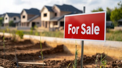 A "For Sale" sign stands in a foreground garden area, with new houses under construction in the background, indicating a developing residential neighborhood.