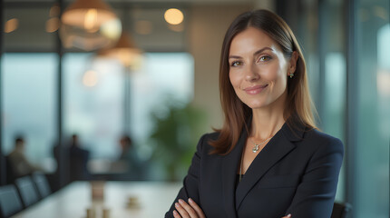 Portrait of a professional woman in a suit standing in a modern office. Mature business woman looking at the camera in a workplace meeting area.