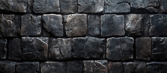 Obraz premium Textured medieval stone wall background with dark gray stones arranged in a uniform pattern creating a historical and grunge aesthetic.