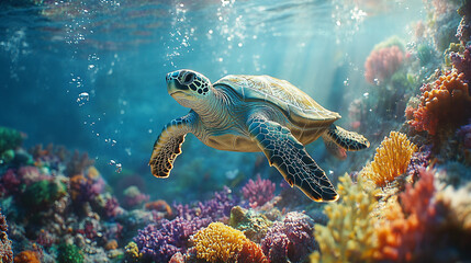 Fototapeta premium Close-up of a vibrant green sea turtle gracefully swimming among a colorful coral reef, surrounded by stunning crystal-clear blue water. Suitable for marketing or business purposes