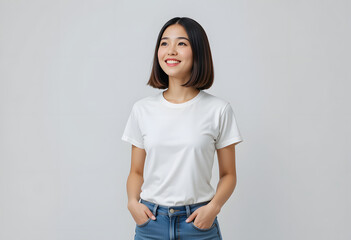 Young woman wearing white t-shirt mockup on white background. T-shirt template design, print presentation mock-up. AI generated