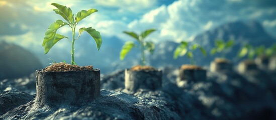 Growing green plants emerging from tree stumps against a misty blue mountainous background with vibrant greenery highlighting themes of growth and investment.